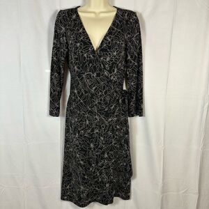 BCBGMAXAZARIA Floral Jersey Knit Wrap Dress Plunge Neckline Midi Black Tan S